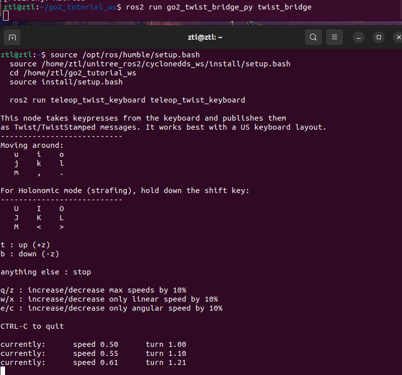 Twist 桥接验证: teleop_twist_keyboard 发布 /cmd_vel, twist_bridge 转成 /api/sport/request