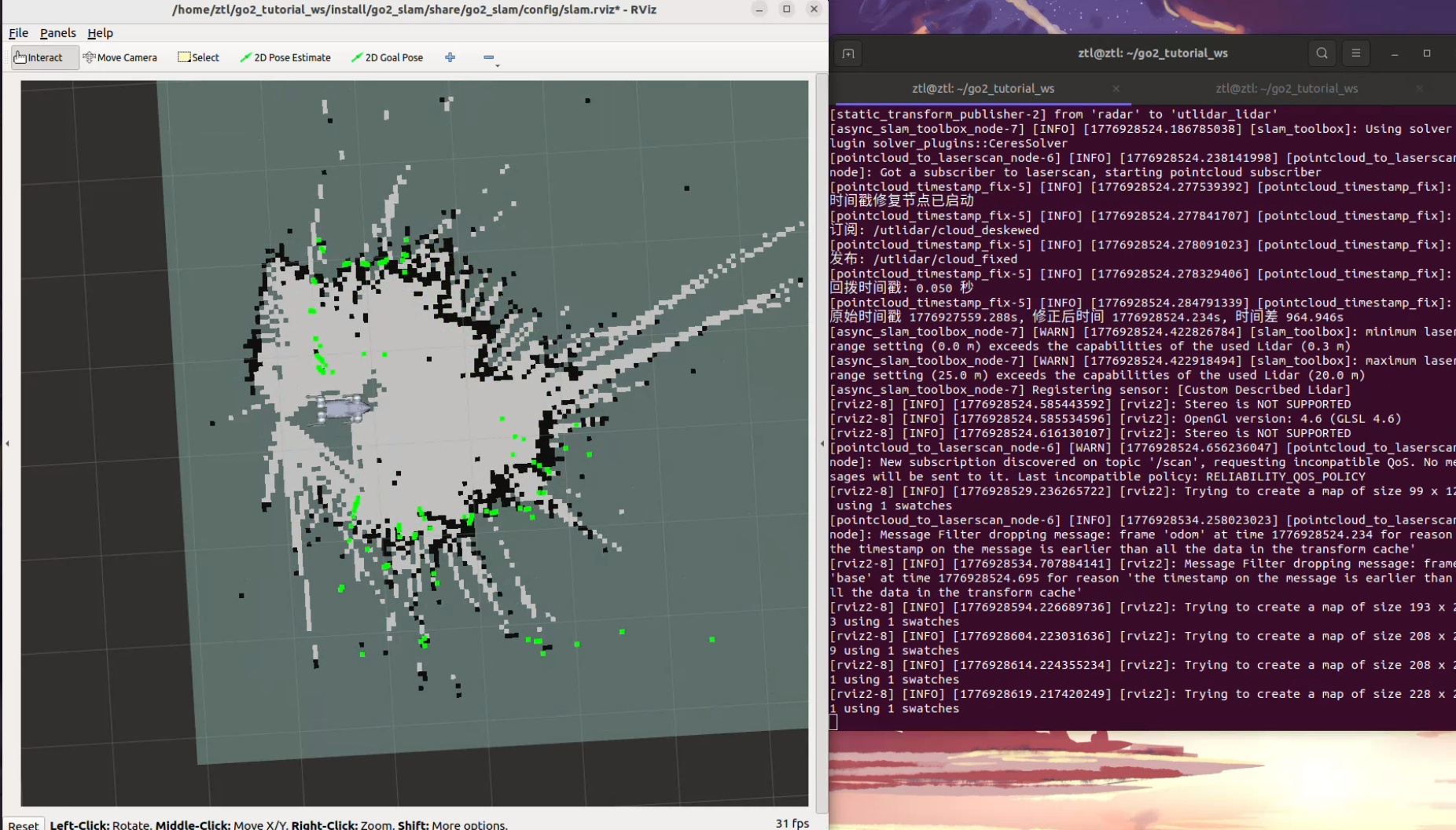 SLAM 实机演示:RViz 中 slam_toolbox 增量构建栅格地图,右侧终端可看到 pointcloud_timestamp_fix、slam_toolbox 等节点日志